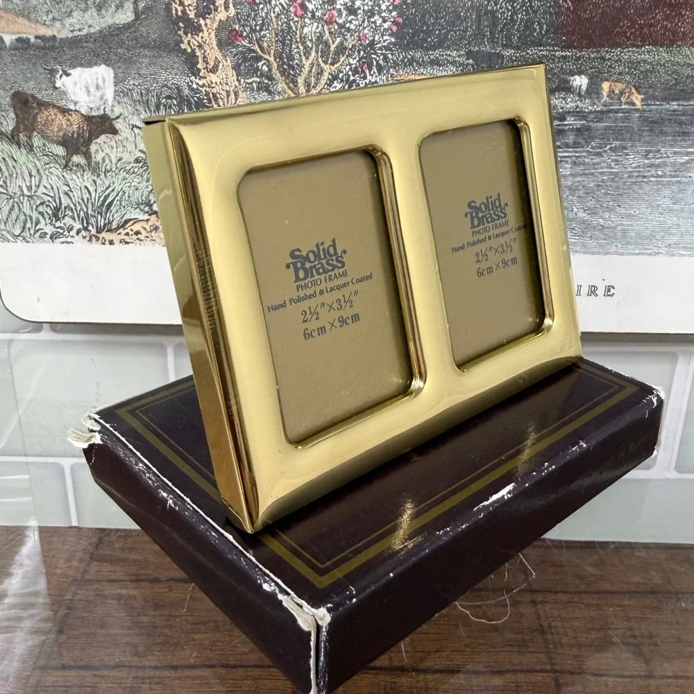 Vintage Solid Brass Mini Double Photo Frame 2.5 x 3.5 Tabletop Gold Accent Decor
